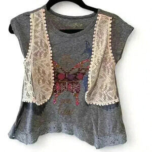 Freestyle Girls Gray Butterfly shirt w Lace Mock Vest - Size Medium